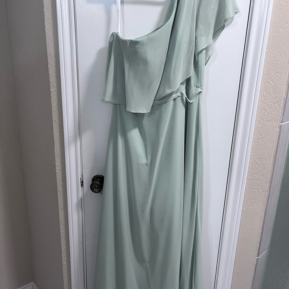 Azazie Green One Shoulder Flutter Sleeve Gown-Dusty Sage